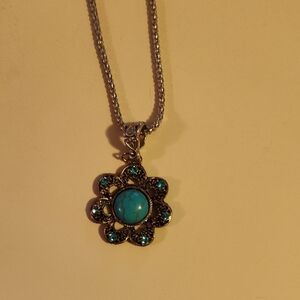 Turquoise and Silver Flower Pendant Necklace